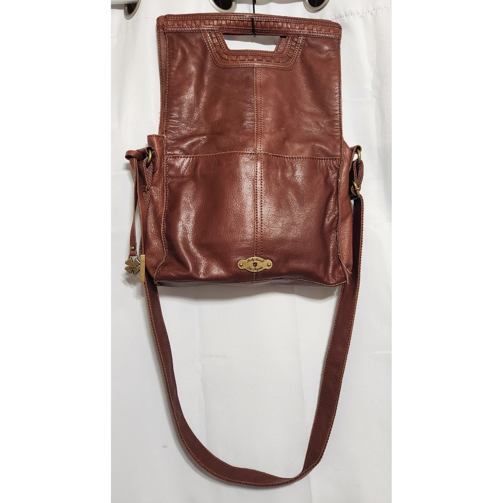 Lucky Brand Brown Leather Foldover Crossbody Bag Woven Trim Boho Clutch